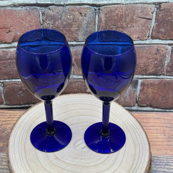 Set of 2 Libbey Premiere Cobalt Blue Glass Wine Water Glass Goblets Tulip Shape - Picture 2 of 6